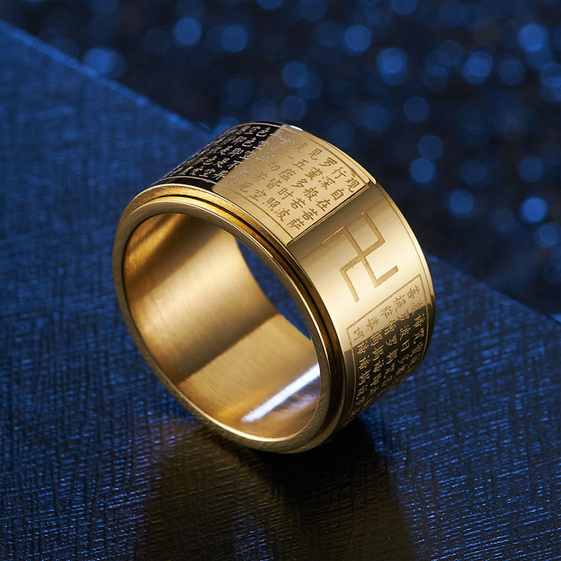 Buddha Stones Heart Sutra Swastika Titanium Steel Luck Rotatable Ring - Gold - US12 - image 0