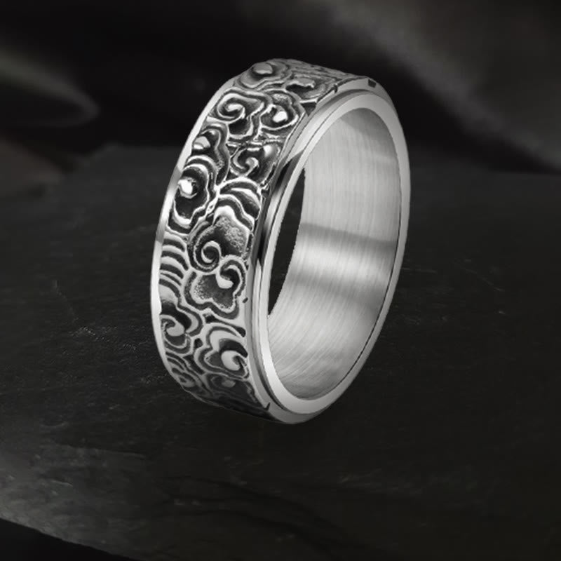 Buddha Stones Auspicious Clouds Pattern Carved Titanium Steel Balance Rotatable Ring - Silver - US13 - image 0