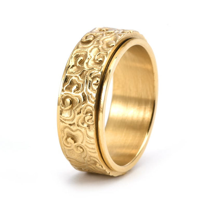 Buddha Stones Auspicious Clouds Pattern Carved Titanium Steel Balance Rotatable Ring - Gold - US13 - image 7