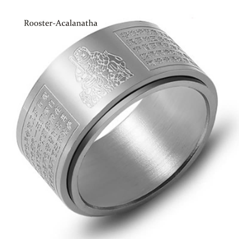 Buddha Stones Chinese Zodiac Natal Buddha Heart Sutra Carved Titanium Steel Calm Rotatable Ring - Silver - Rooster-Acalanatha - US12 - image 34