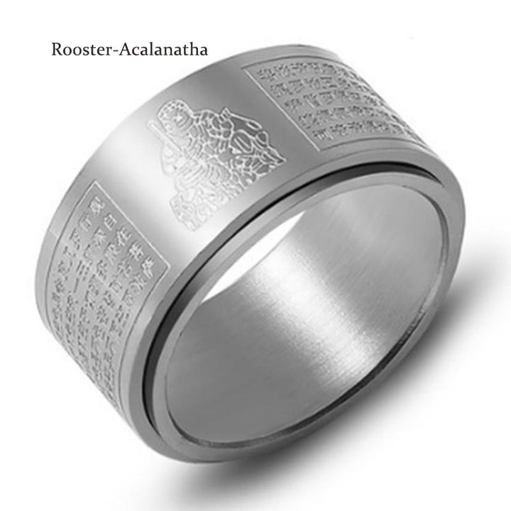 Buddha Stones Chinese Zodiac Natal Buddha Heart Sutra Carved Titanium Steel Calm Rotatable Ring - Silver - Rooster-Acalanatha - US12 - image 34