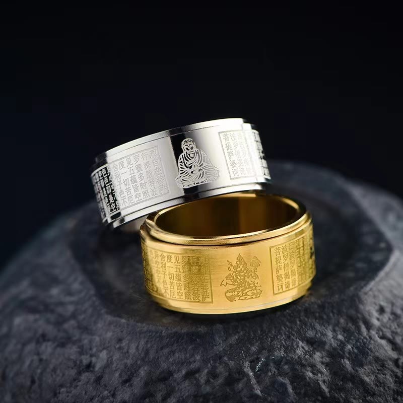 Buddha Stones Chinese Zodiac Natal Buddha Heart Sutra Carved Titanium Steel Calm Rotatable Ring - image 0