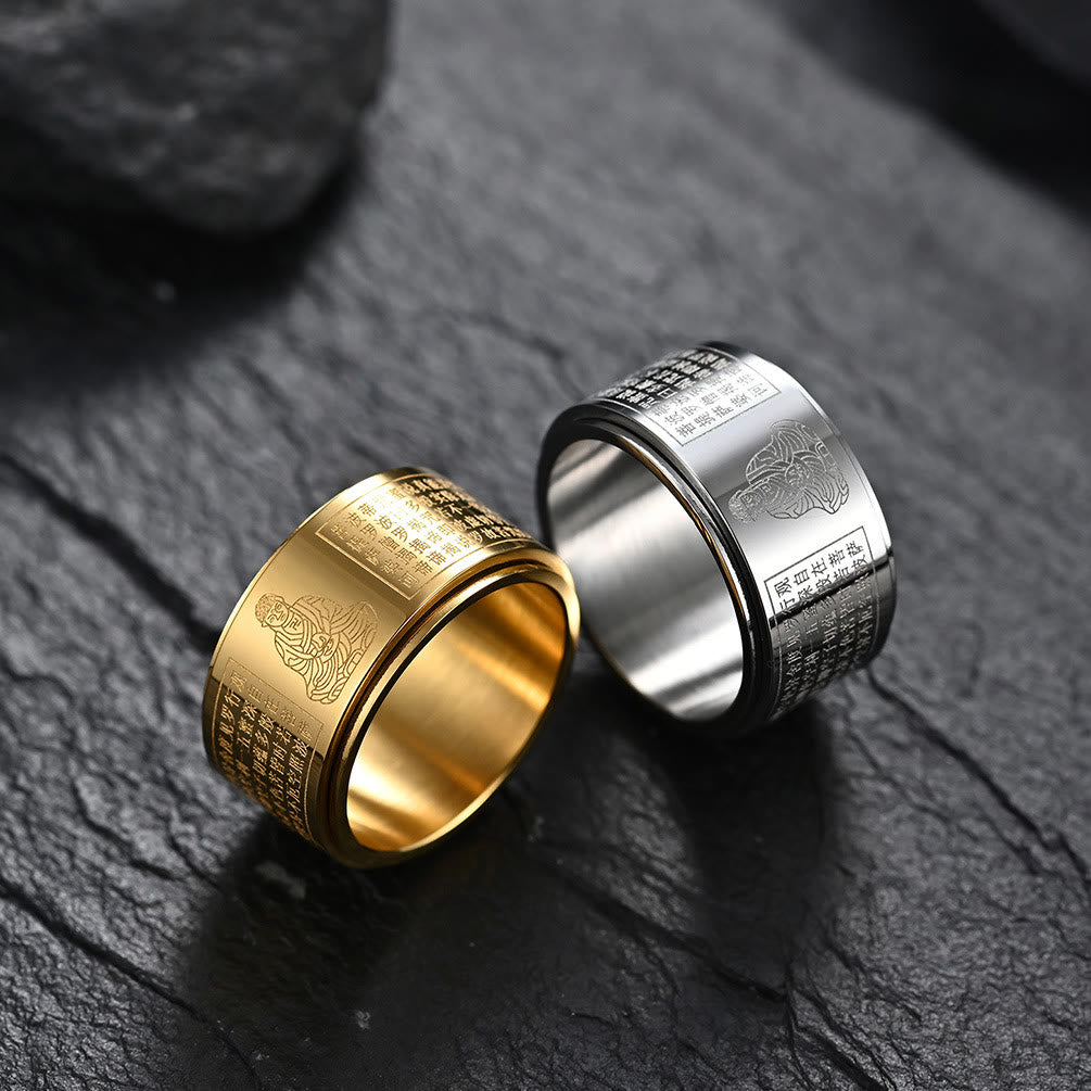 Buddha Stones Chinese Zodiac Natal Buddha Heart Sutra Carved Titanium Steel Calm Rotatable Ring - image 33