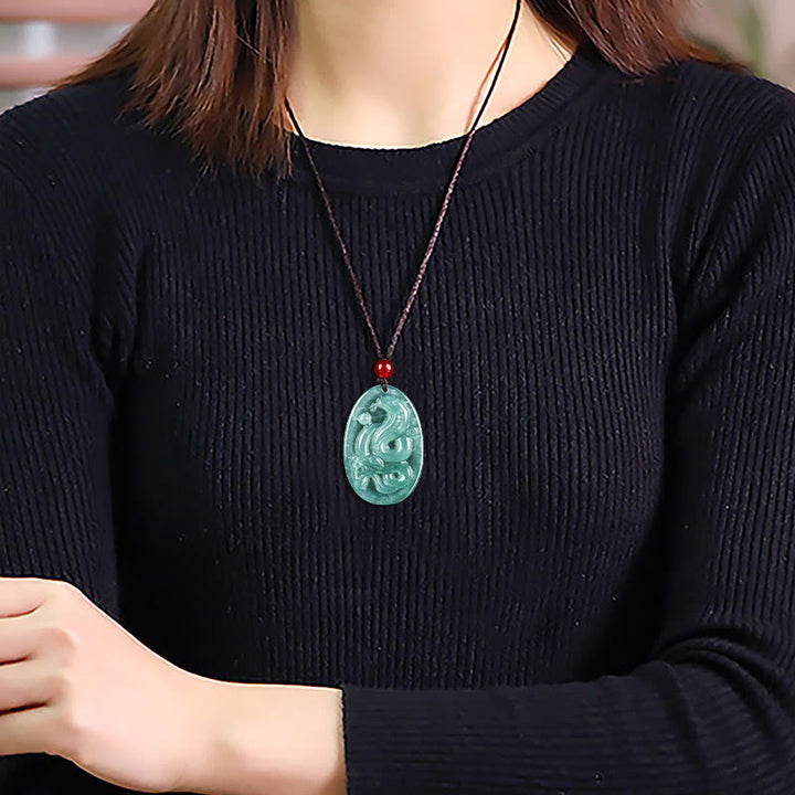 Buddha Stones Natural Jade Oval Year Of The Snake Luck Necklace Pendant - image 6