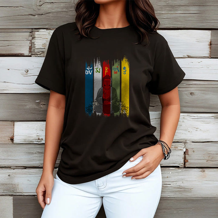 Buddha Stones Six True Words 'Om Mani Padme Hum' Buddha Sitting With Lotus Cotton Tee T-shirt - image 5