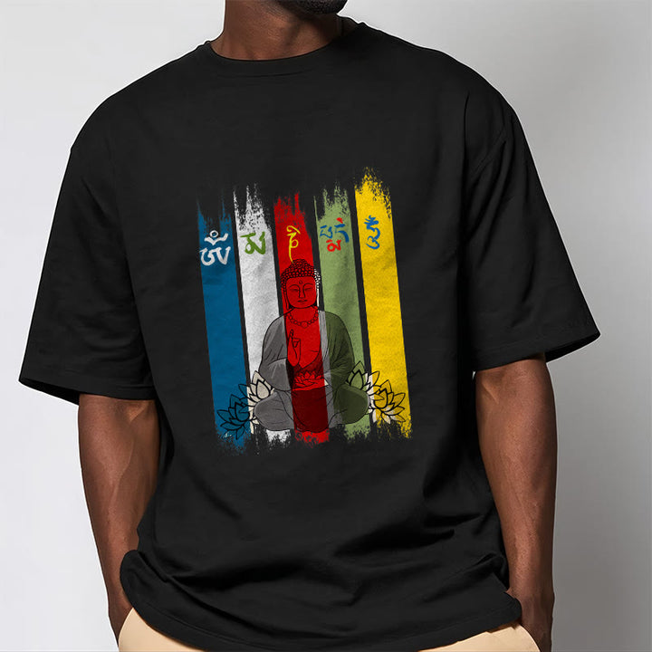 Buddha Stones Six True Words 'Om Mani Padme Hum' Buddha Sitting With Lotus Cotton Tee T-shirt - image 3