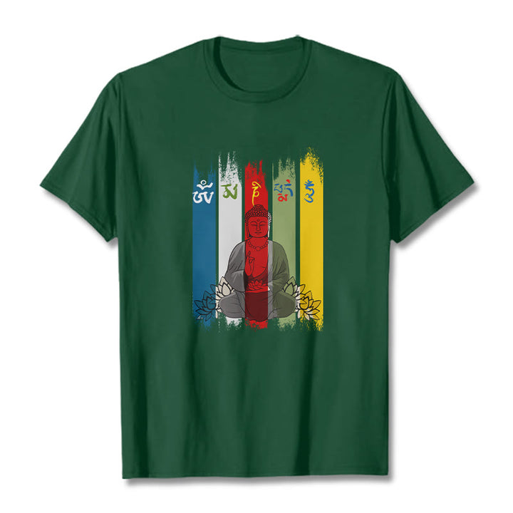 Buddha Stones Six True Words 'Om Mani Padme Hum' Buddha Sitting With Lotus Cotton Tee T-shirt - ForestGreen - 2XL - image 6