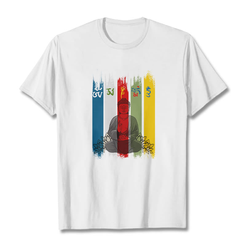 Buddha Stones Six True Words 'Om Mani Padme Hum' Buddha Sitting With Lotus Cotton Tee T-shirt - White - 2XL - image 8