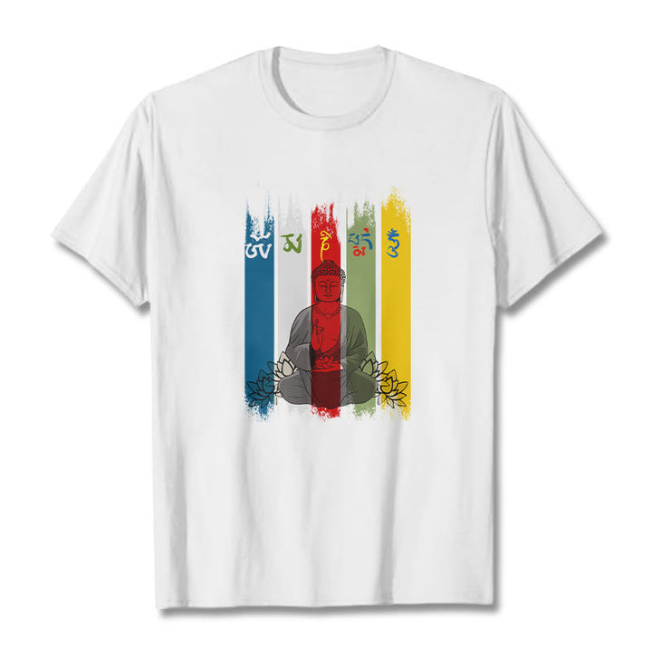 Buddha Stones Six True Words 'Om Mani Padme Hum' Buddha Sitting With Lotus Cotton Tee T-shirt - White - 2XL - image 8