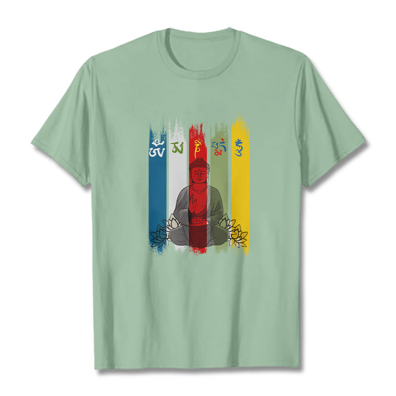 Buddha Stones Six True Words 'Om Mani Padme Hum' Buddha Sitting With Lotus Cotton Tee T-shirt - PaleGreen - 2XL - image 18