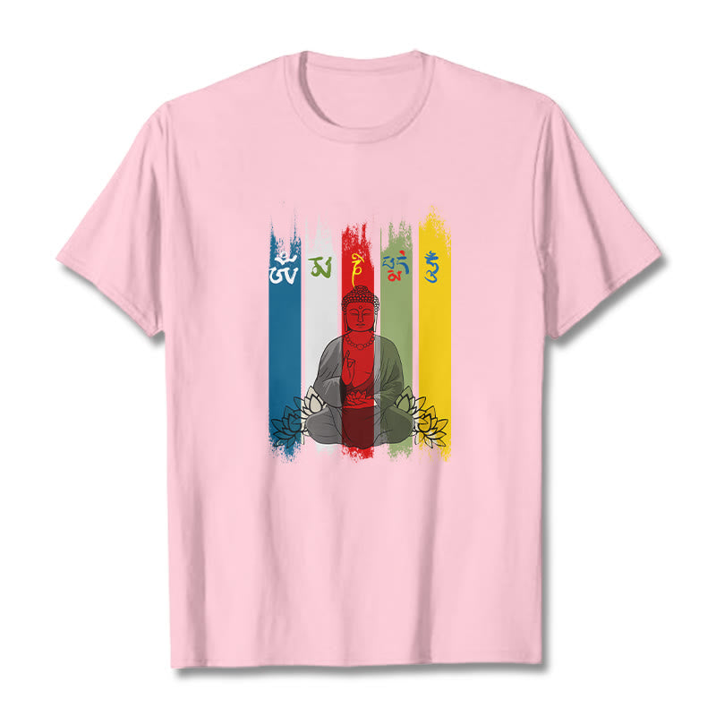 Buddha Stones Six True Words 'Om Mani Padme Hum' Buddha Sitting With Lotus Cotton Tee T-shirt - LightPink - 2XL - image 14