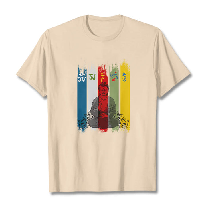 Buddha Stones Six True Words 'Om Mani Padme Hum' Buddha Sitting With Lotus Cotton Tee T-shirt - Bisque - 2XL - image 11