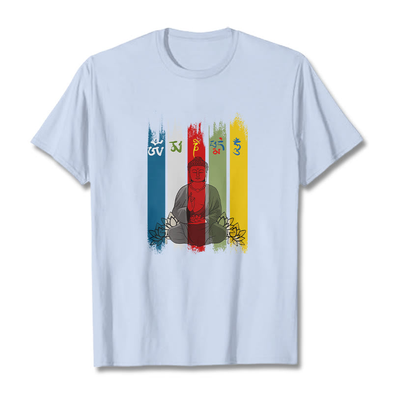 Buddha Stones Six True Words 'Om Mani Padme Hum' Buddha Sitting With Lotus Cotton Tee T-shirt - LightCyan - 2XL - image 13
