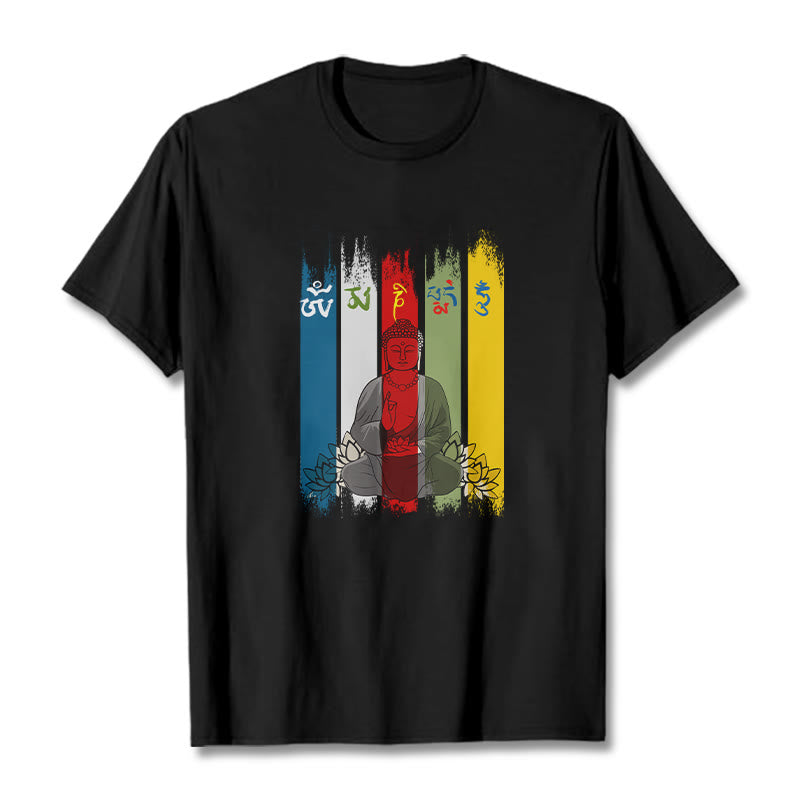 Buddha Stones Six True Words 'Om Mani Padme Hum' Buddha Sitting With Lotus Cotton Tee T-shirt - Black - 2XL - image 2