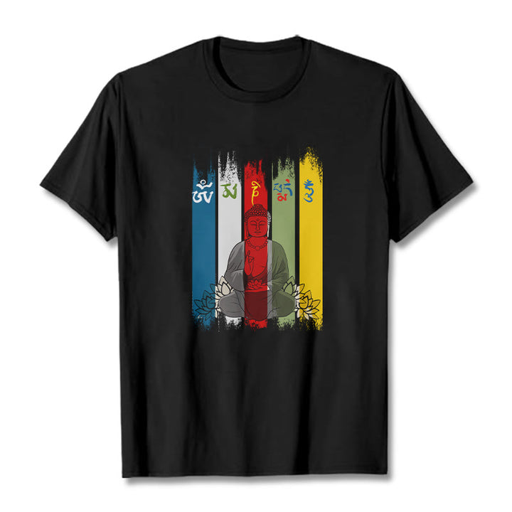 Buddha Stones Six True Words 'Om Mani Padme Hum' Buddha Sitting With Lotus Cotton Tee T-shirt - Black - 2XL - image 2