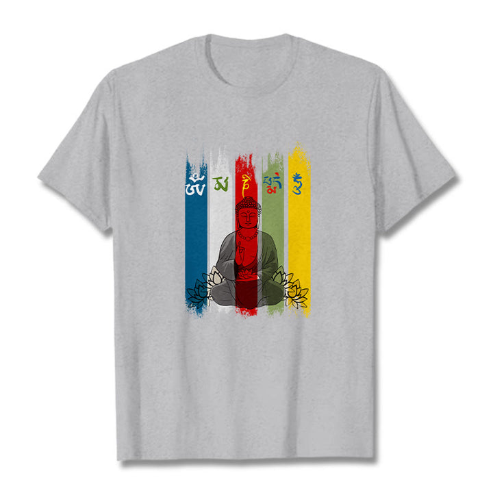 Buddha Stones Six True Words 'Om Mani Padme Hum' Buddha Sitting With Lotus Cotton Tee T-shirt - LightGrey - 2XL - image 0