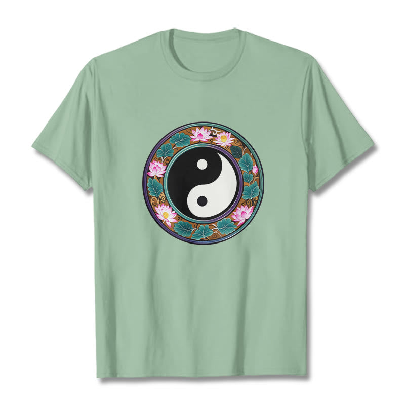 Buddha Stones Yin Yang Lotus Leaves Cotton Tee T-shirt - PaleGreen - 2XL - image 0