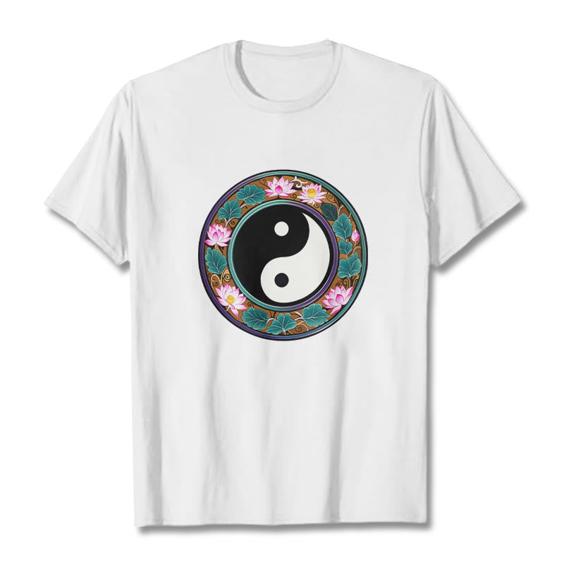 Buddha Stones Yin Yang Lotus Leaves Cotton Tee T-shirt - White - 2XL - image 9