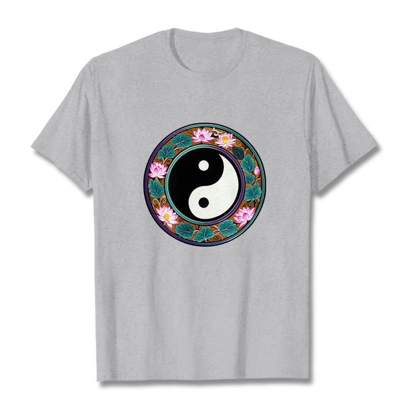 Buddha Stones Yin Yang Lotus Leaves Cotton Tee T-shirt - LightGrey - 2XL - image 12