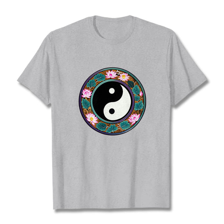 Buddha Stones Yin Yang Lotus Leaves Cotton Tee T-shirt - LightGrey - 2XL - image 12