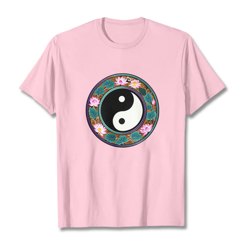 Buddha Stones Yin Yang Lotus Leaves Cotton Tee T-shirt - LightPink - 2XL - image 16