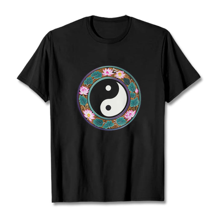 Buddha Stones Yin Yang Lotus Leaves Cotton Tee T-shirt - Black - 2XL - image 3