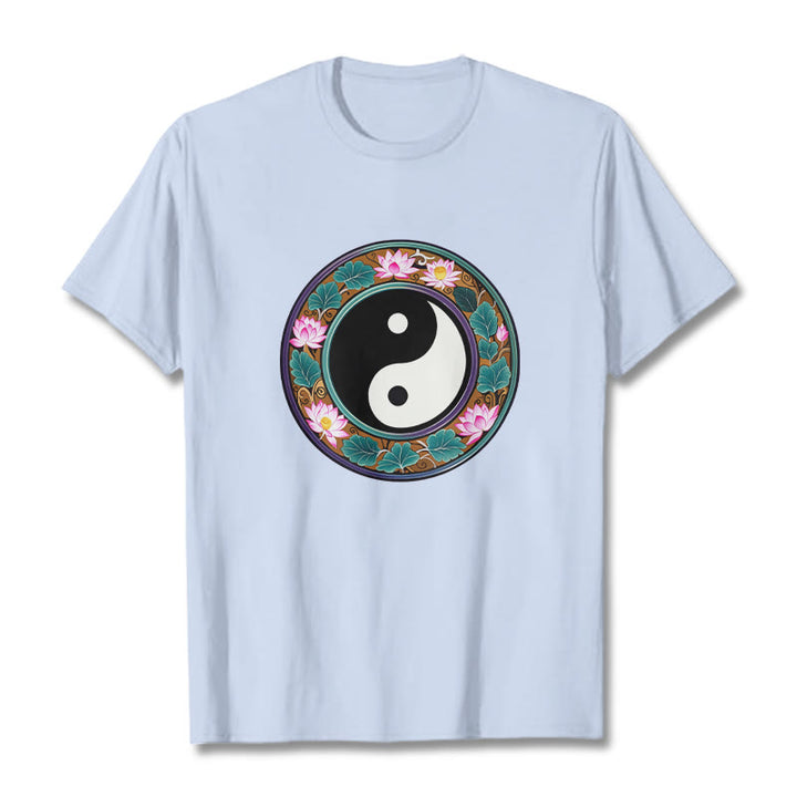 Buddha Stones Yin Yang Lotus Leaves Cotton Tee T-shirt - LightCyan - 2XL - image 13