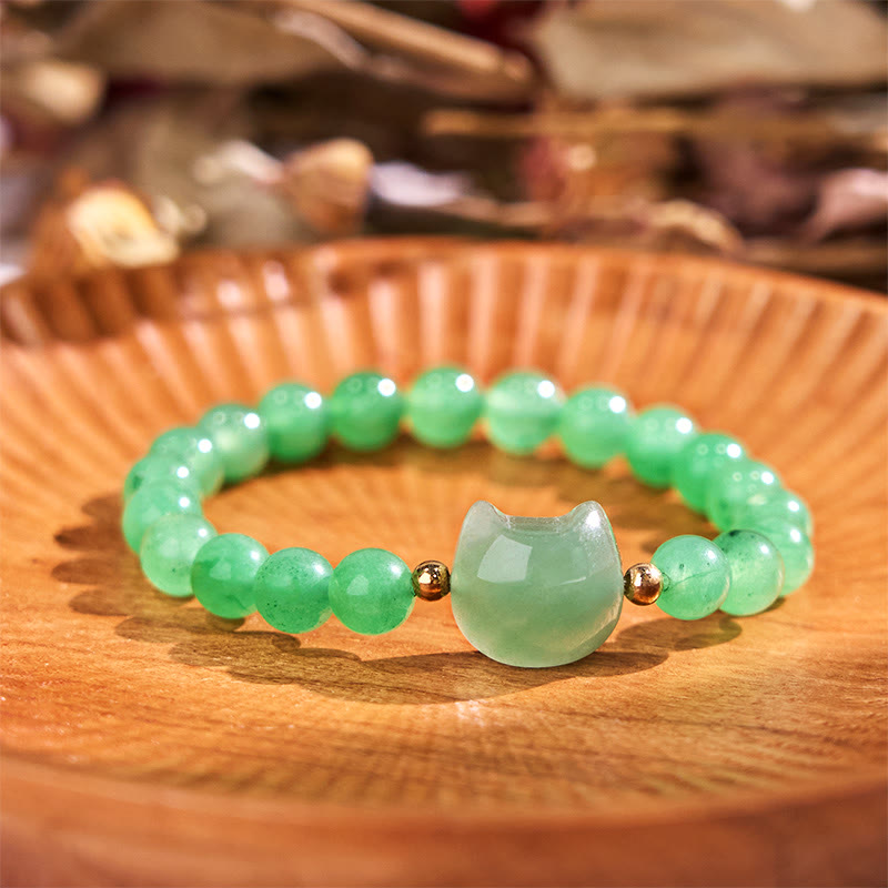 Buddha Stones Amethyst Green Aventurine Rose Quartz Fluorite Cat Head Balance Luck Bracelet - Green Aventurine(Wrist Circumference: 16-17cm) - image 6