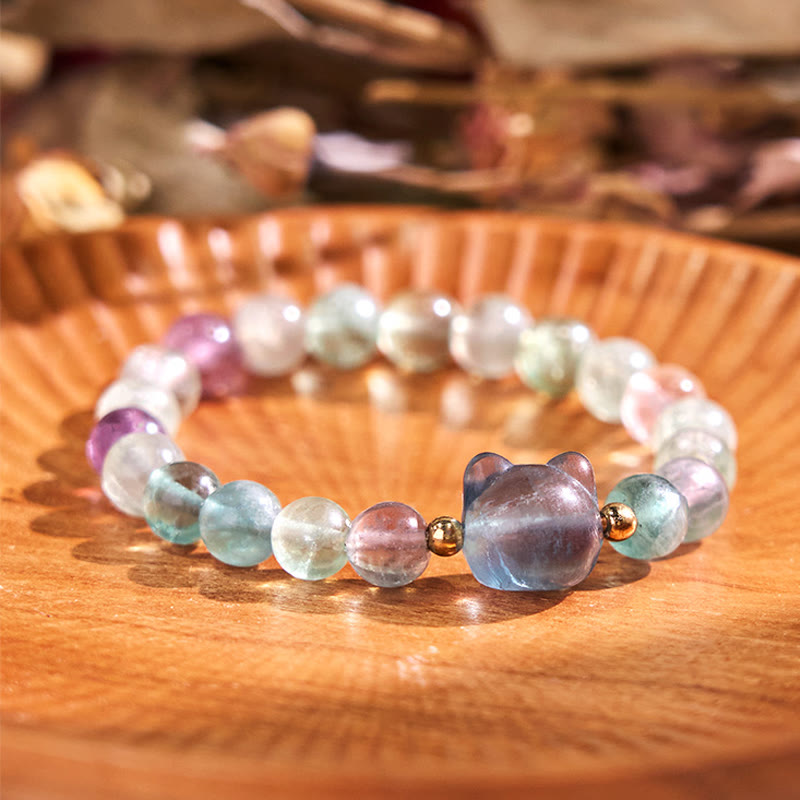 Buddha Stones Amethyst Green Aventurine Rose Quartz Fluorite Cat Head Balance Luck Bracelet - Fluorite(Wrist Circumference: 16-17cm) - image 15