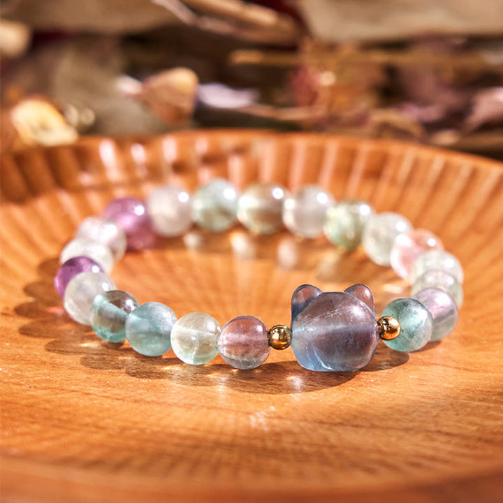 Buddha Stones Amethyst Green Aventurine Rose Quartz Fluorite Cat Head Balance Luck Bracelet - Fluorite(Wrist Circumference: 16-17cm) - image 15