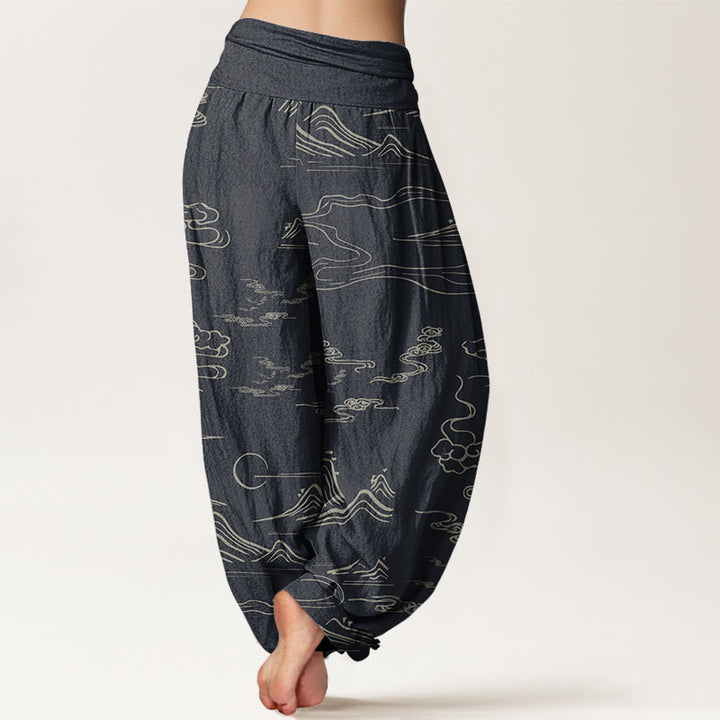 Buddha Stones Cotton Mountain Moon Auspicious Clouds Pattern Women's Elastic Waist Harem Pants - image 2