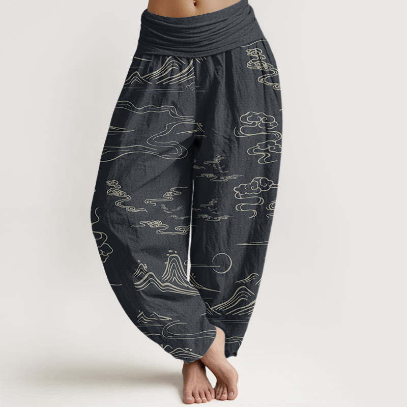 Buddha Stones Mountain Moon Auspicious Clouds Pattern Women's Elastic Waist Harem Pants - LightSlateGray - US22，UK/AU26，EU54 (6XL) - image 0