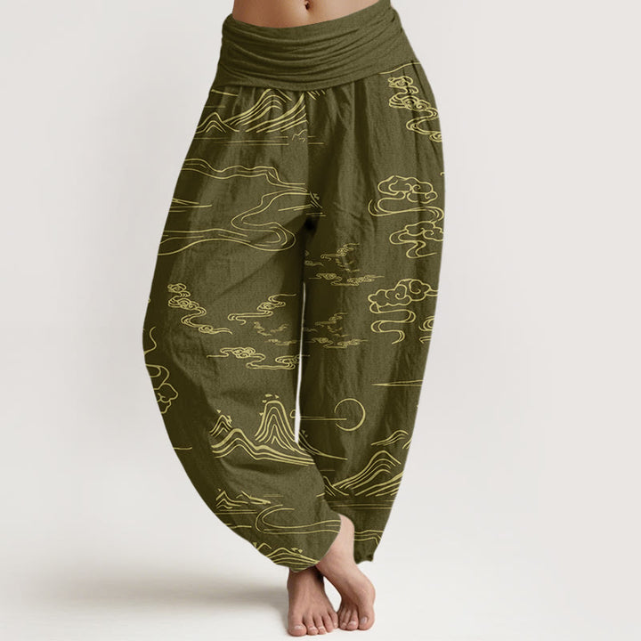 Buddha Stones Cotton Mountain Moon Auspicious Clouds Pattern Women's Elastic Waist Harem Pants - DarkKhaki - US22，UK/AU26，EU54 (6XL) - image 10