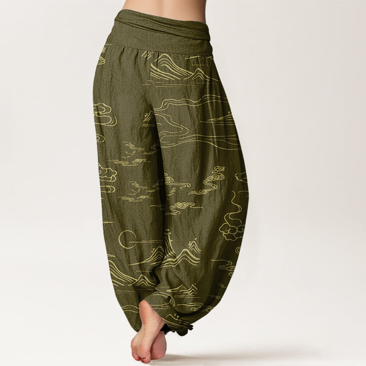 Buddha Stones Mountain Moon Auspicious Clouds Pattern Women's Elastic Waist Harem Pants - image 6