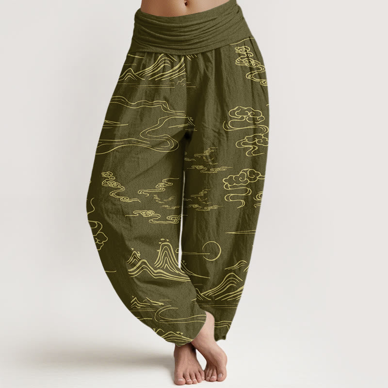 Buddha Stones Mountain Moon Auspicious Clouds Pattern Women's Elastic Waist Harem Pants - DarkKhaki - US22，UK/AU26，EU54 (6XL) - image 4
