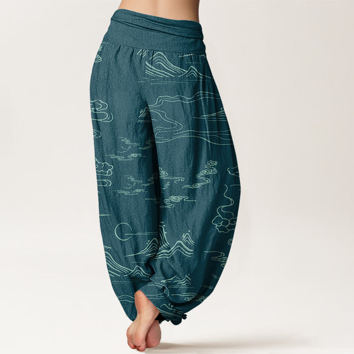 Buddha Stones Cotton Mountain Moon Auspicious Clouds Pattern Women's Elastic Waist Harem Pants - image 9