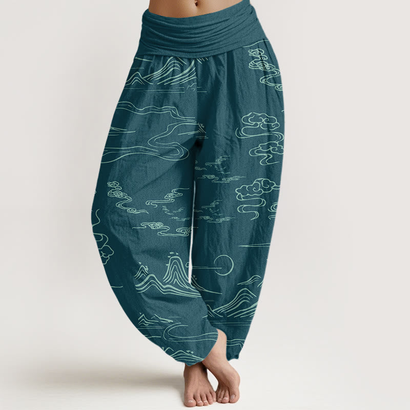 Buddha Stones Cotton Mountain Moon Auspicious Clouds Pattern Women's Elastic Waist Harem Pants - DarkCyan - US22，UK/AU26，EU54 (6XL) - image 13