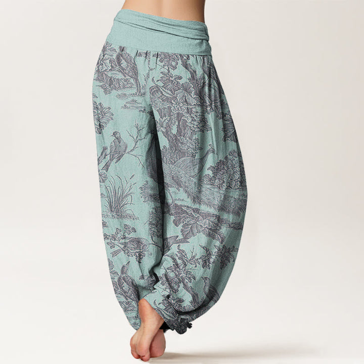 Buddha Stones Cotton Birds Trees Branches Pattern Women's Elastic Waist Harem Pants - image 5