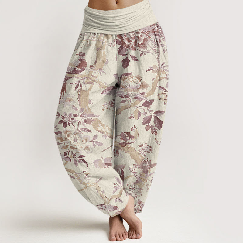 Buddha Stones Birds Branches Flowers Pattern Women's Elastic Waist Harem Pants - LightYellow - US22，UK/AU26，EU54 (6XL) - image 4