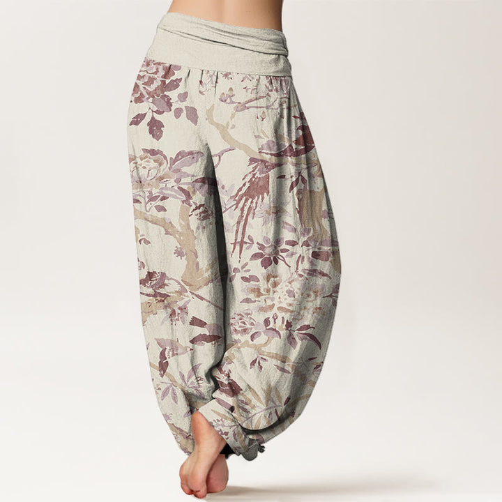 Buddha Stones Cotton Birds Branches Flowers Pattern Women's Elastic Waist Harem Pants - image 5