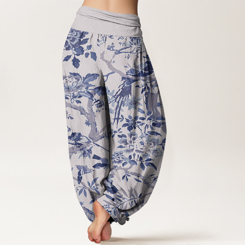 Buddha Stones Birds Branches Flowers Pattern Women's Elastic Waist Harem Pants - image 8