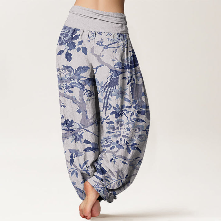 Buddha Stones Birds Branches Flowers Pattern Women's Elastic Waist Harem Pants - image 8