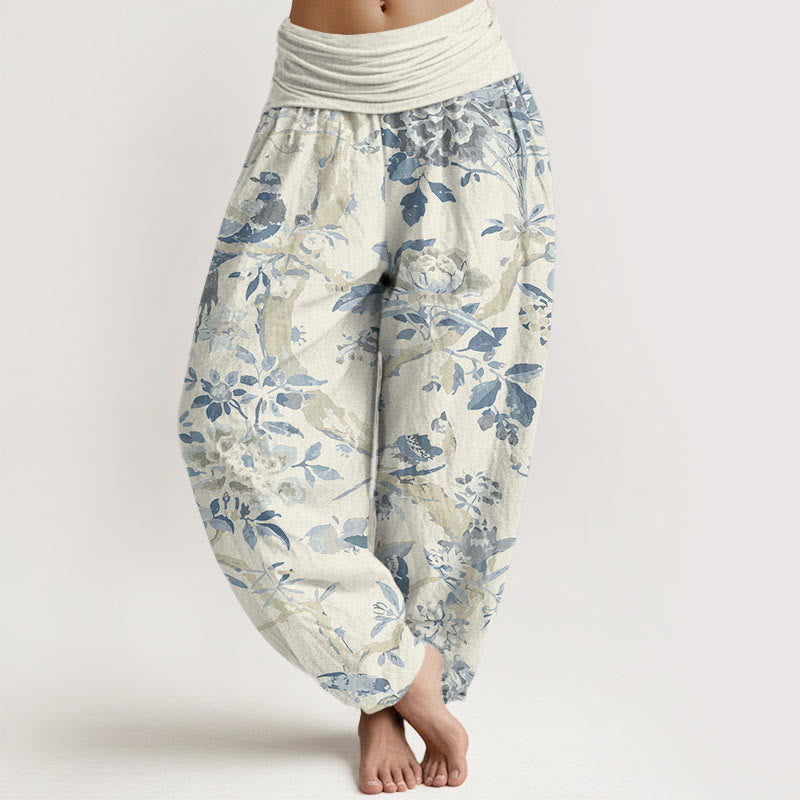Buddha Stones Birds Branches Flowers Pattern Women's Elastic Waist Harem Pants - Beige - US22，UK/AU26，EU54 (6XL) - image 0