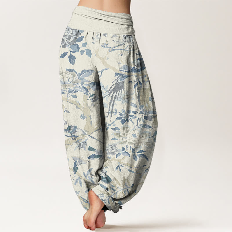 Buddha Stones Birds Branches Flowers Pattern Women's Elastic Waist Harem Pants - image 1