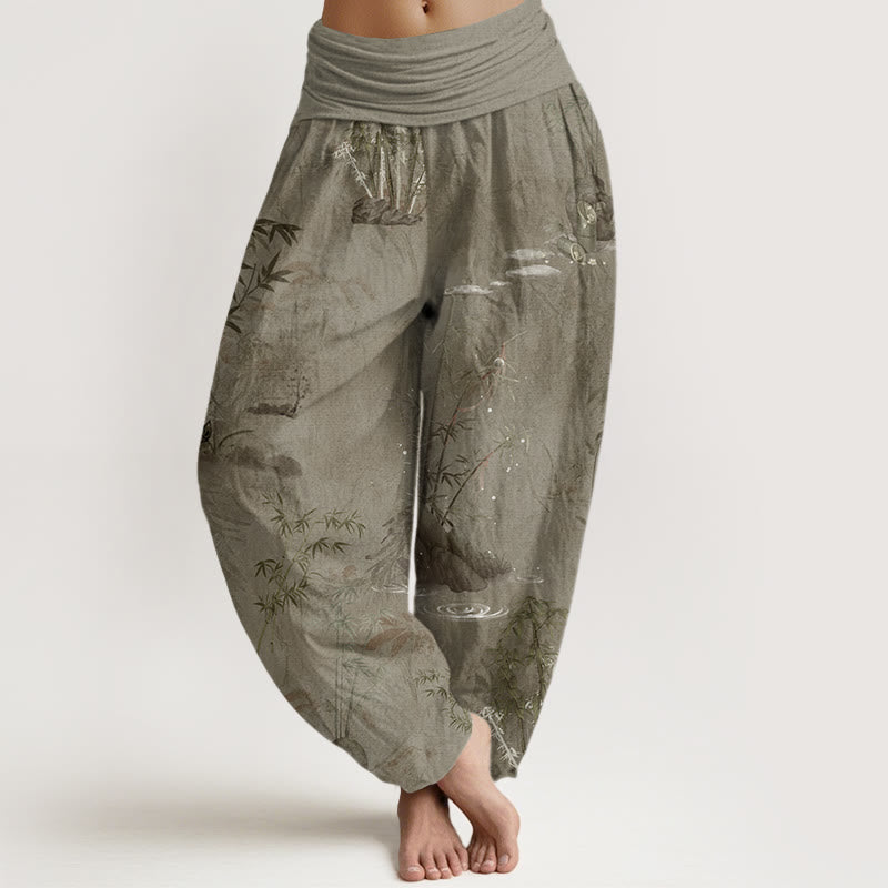 Buddha Stones Cotton Casual Bamboo Rock Ink Painting Women's Elastic Waist Harem Pants - Tan - US22，UK/AU26，EU54 (6XL) - image 4