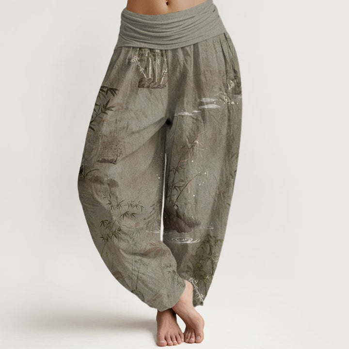 Buddha Stones Cotton Casual Bamboo Rock Ink Painting Women's Elastic Waist Harem Pants - Tan - US22，UK/AU26，EU54 (6XL) - image 4