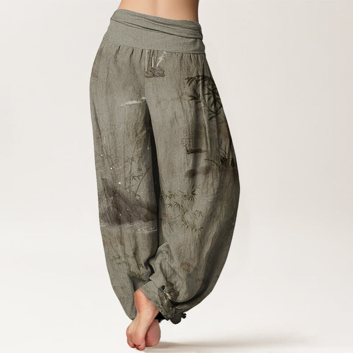 Buddha Stones Casual Bamboo Rock Ink Painting Women's Elastic Waist Harem Pants - image 6