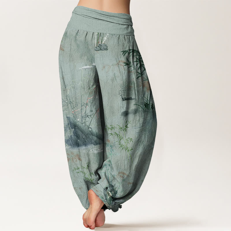 Buddha Stones Casual Bamboo Rock Ink Painting Women's Elastic Waist Harem Pants - image 9