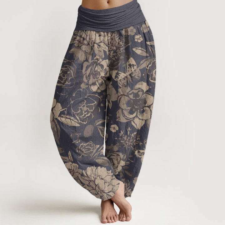 Buddha Stones Cotton Casual Peony Flowers Leaves Women's Elastic Waist Harem Pants - DarkSlateBlue - US22，UK/AU26，EU54 (6XL) - image 0