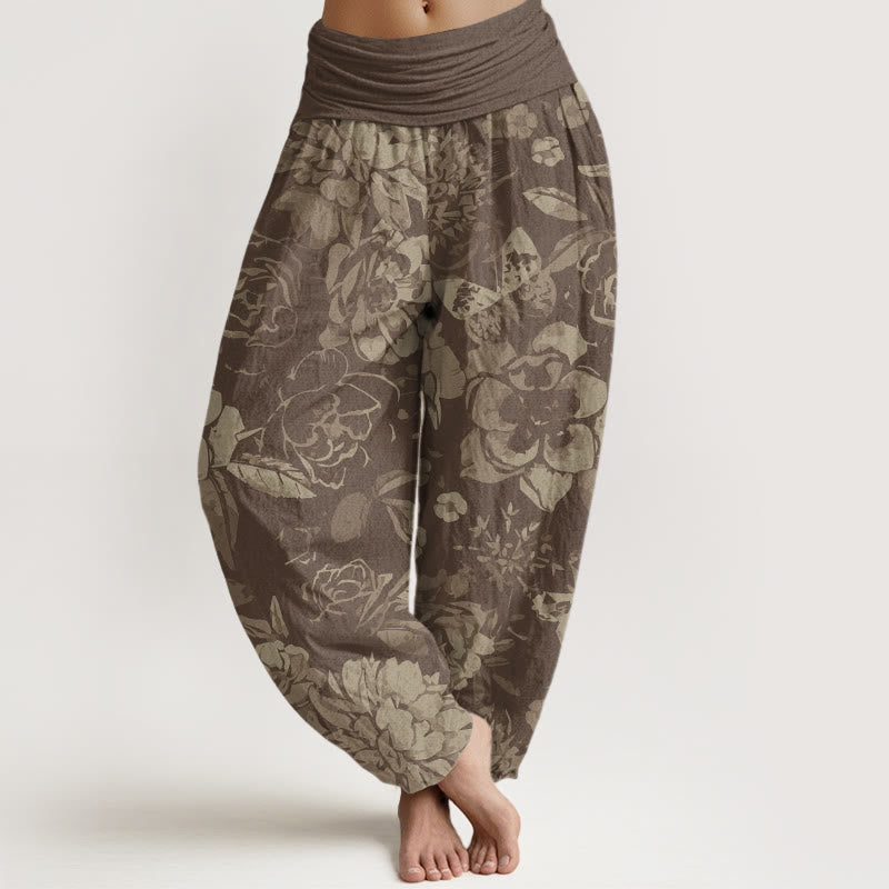 Buddha Stones Casual Peony Flowers Leaves Women's Elastic Waist Harem Pants - Tan - US22，UK/AU26，EU54 (6XL) - image 4